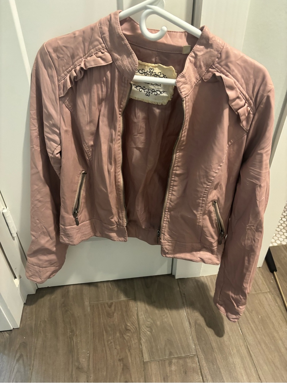 Heart Soul Mauve Pink Ruffle-Shoulder Bomber Jacket
